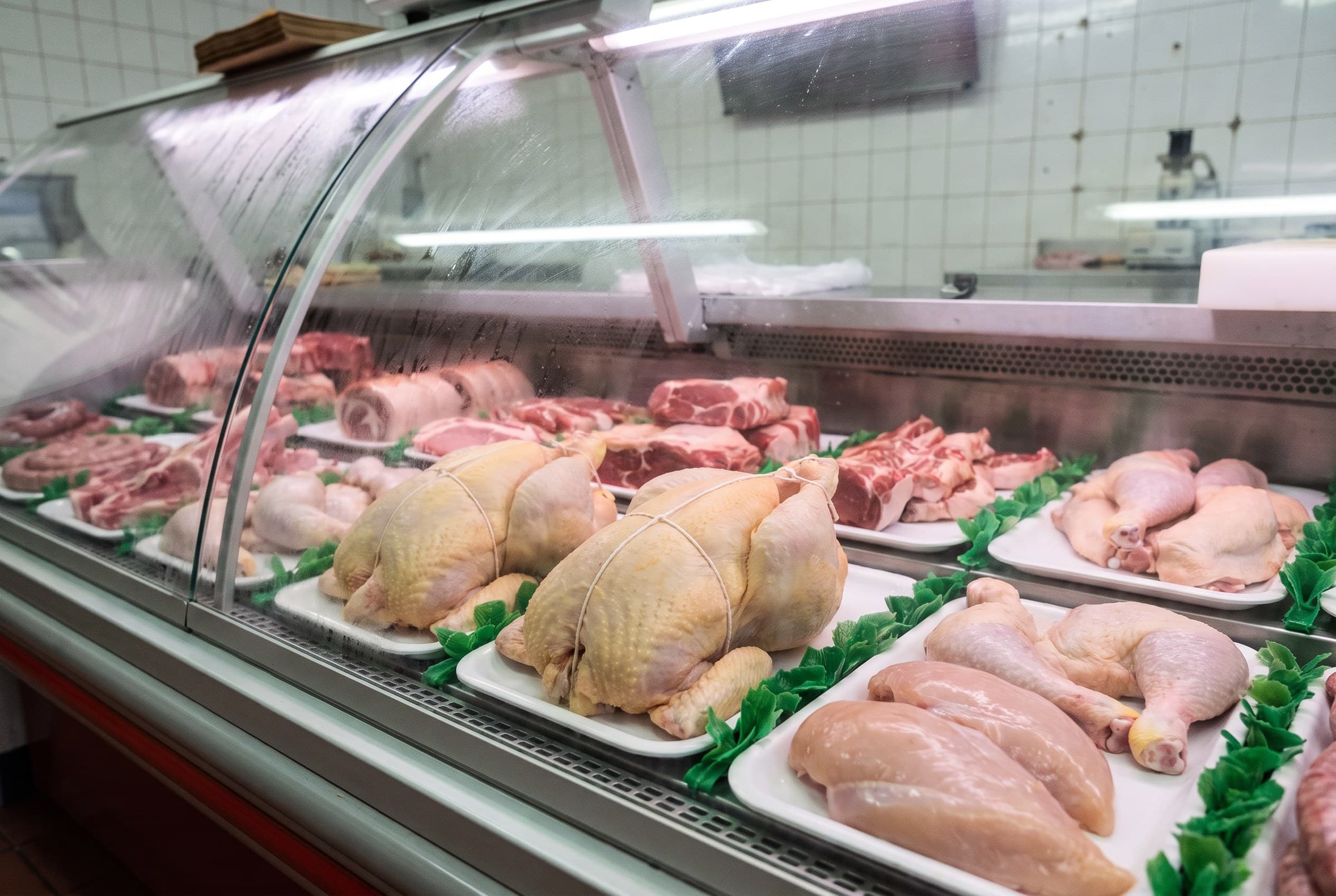 Des poulets fermiers et des cuisses de volaille dans la vitrine