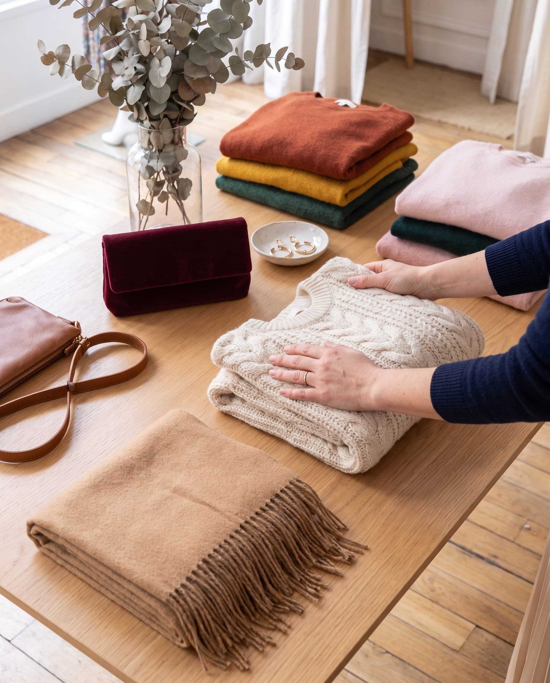 La table des mailles vue de dessus : pulls pliés, écharpe et pochette en velours