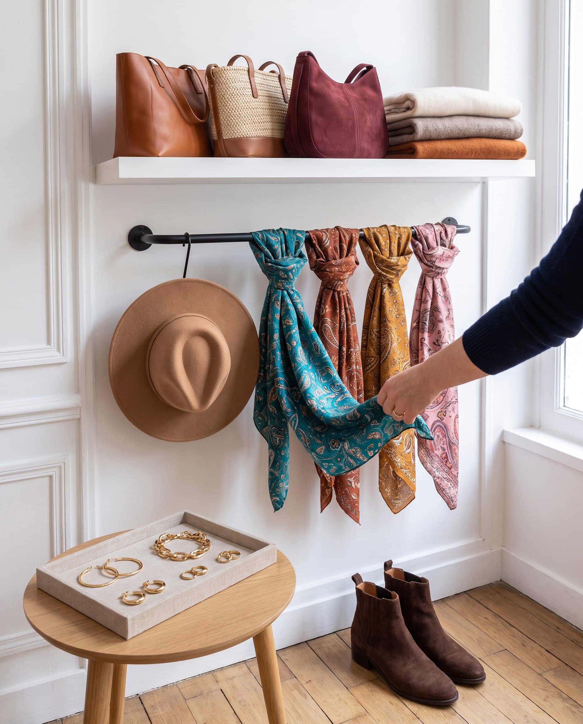 Le coin accessoires : sacs, foulards, chapeau, bijoux et bottines