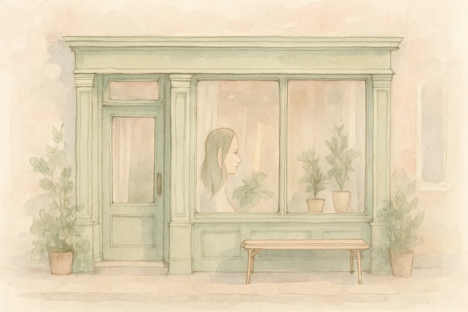 La devanture du salon, vitrine claire et plantes vertes