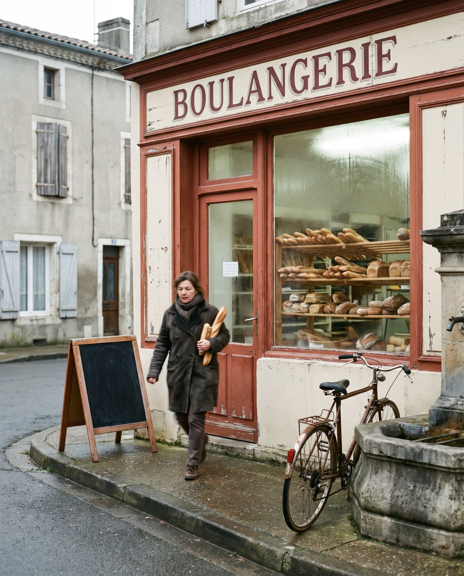 La façade crème aux menuiseries rouges, sous l'enseigne BOULANGERIE ; une cliente sort avec sa baguette