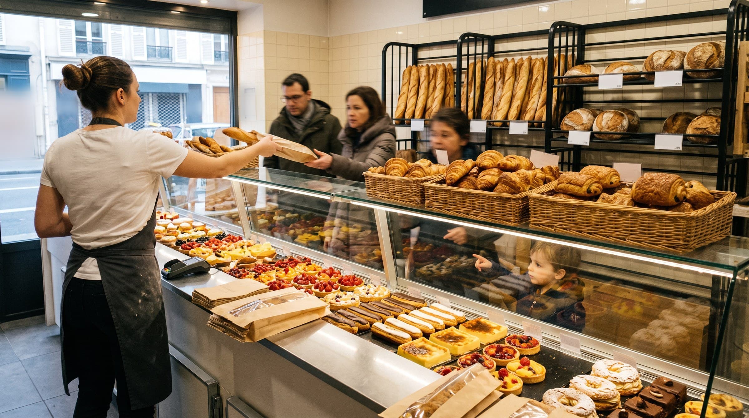 La boutique : comptoir vitré, clients, paniers de viennoiseries