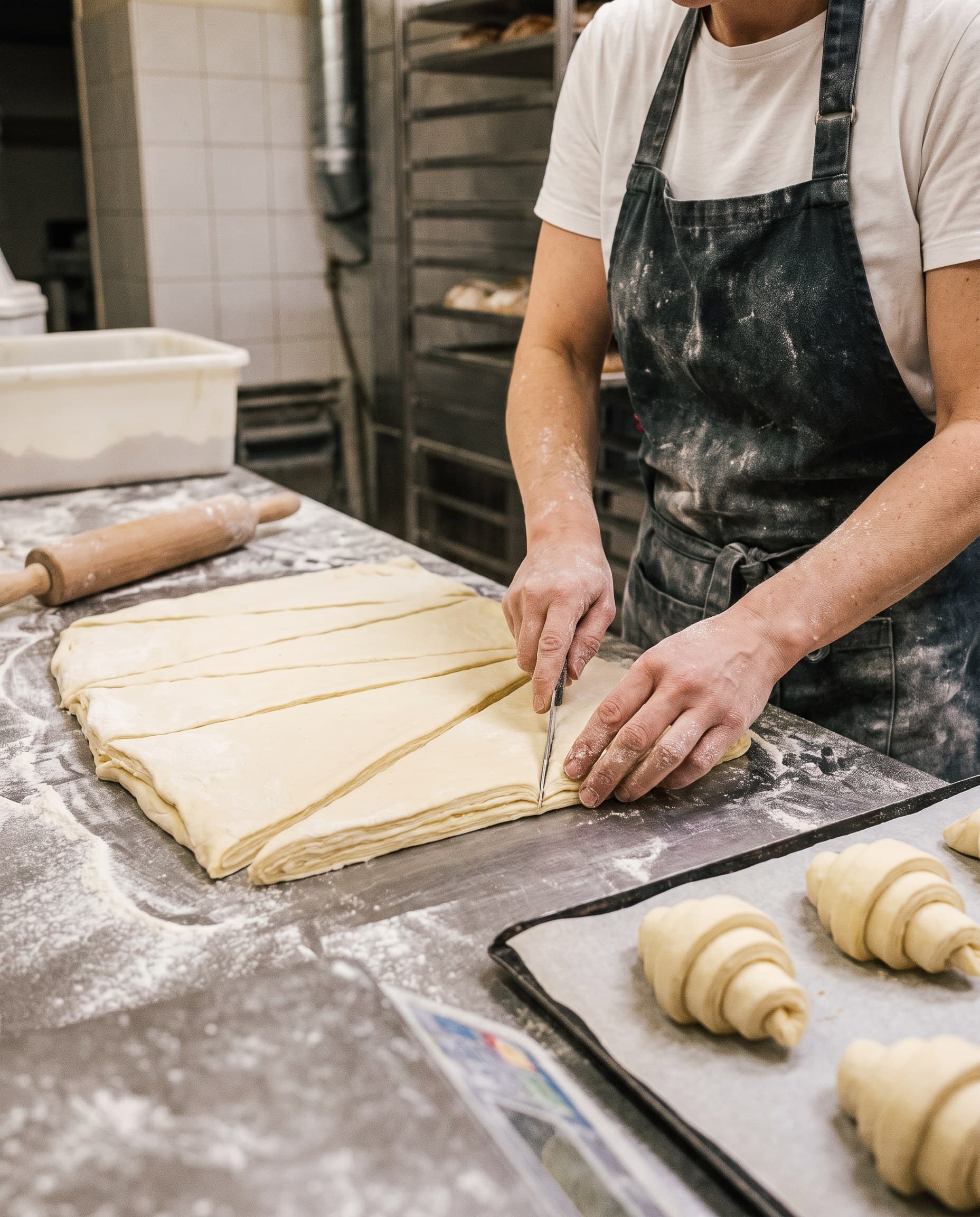 Le boulanger découpe la pâte feuilletée en triangles