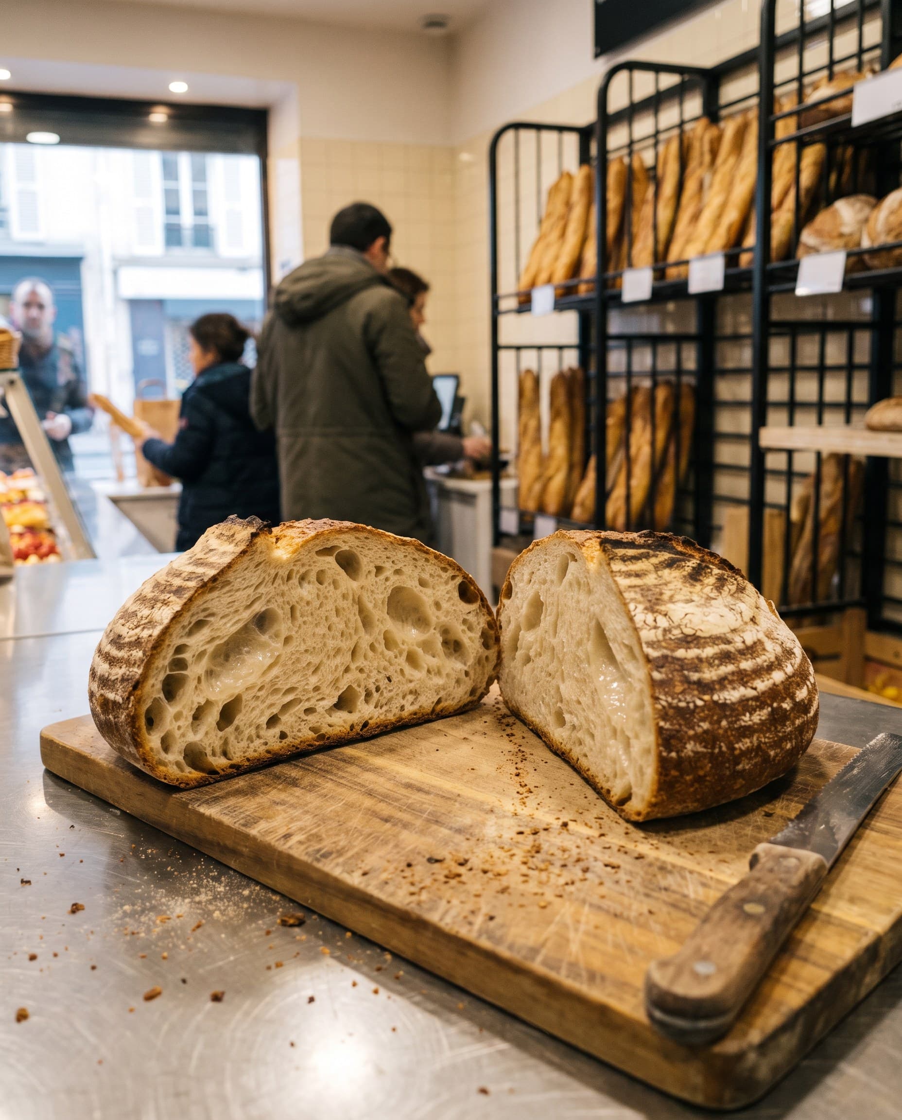 La mie alvéolée d'un pain au levain coupé en deux