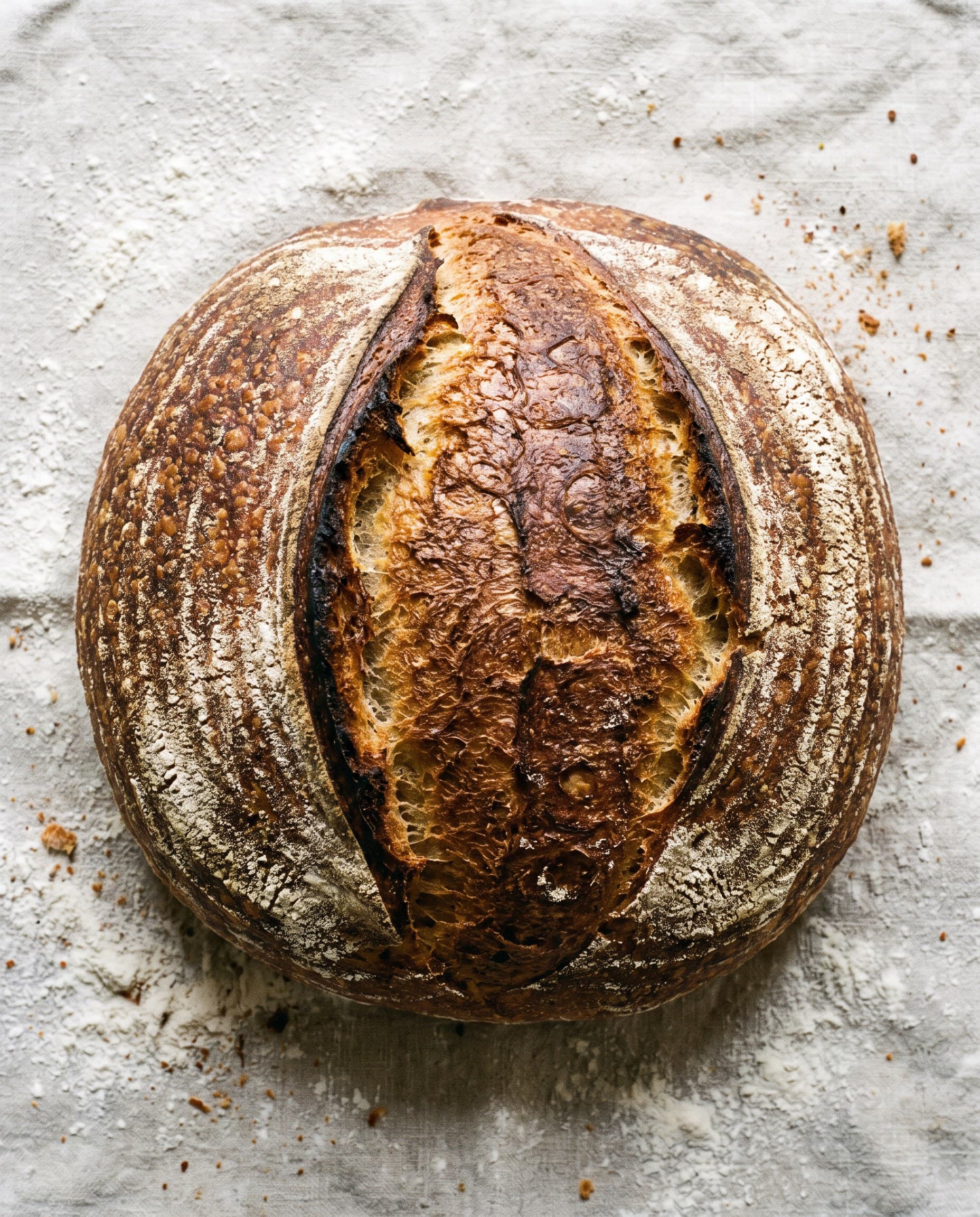 Miche de campagne au levain, grignée, sur un lit de farine