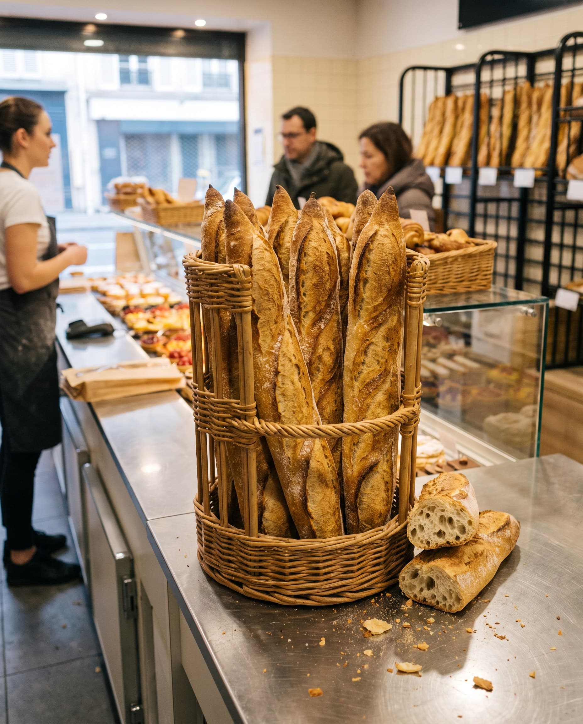 Baguettes de tradition debout dans un panier sur le comptoir