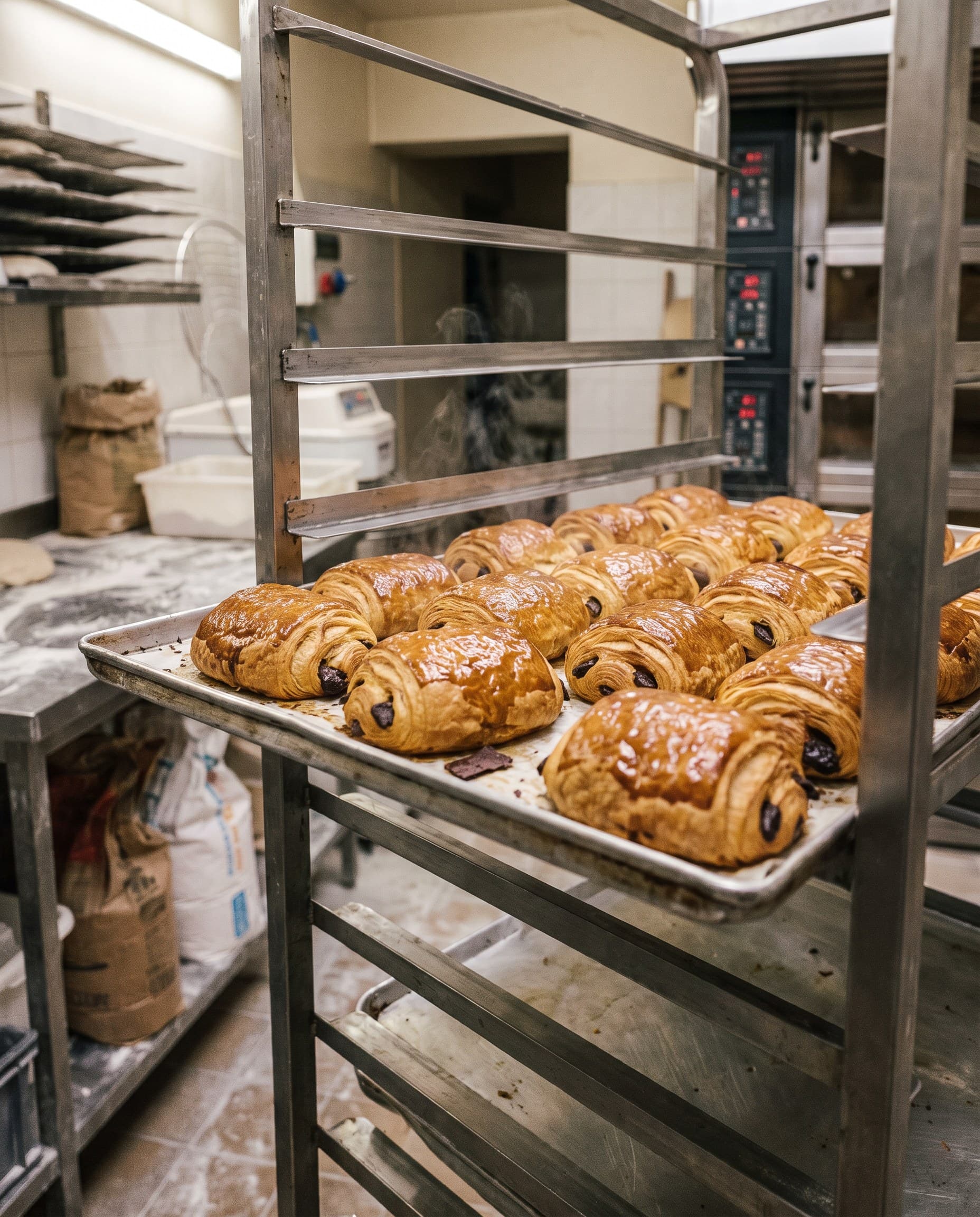Plaque de pains au chocolat dorés sur un chariot du fournil