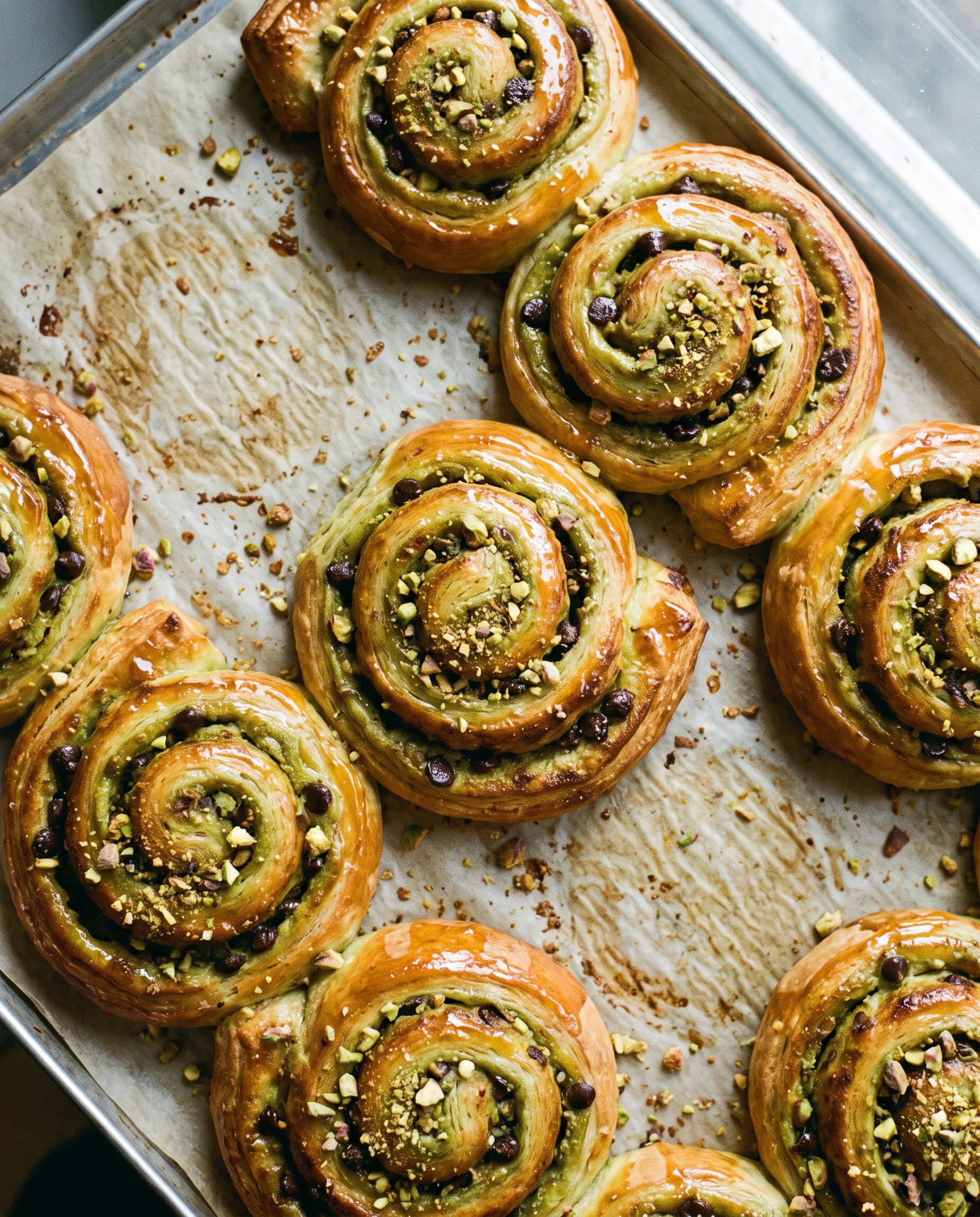 Escargots pistache-chocolat vus de dessus : spirales feuilletées, crème de pistache et pépites de chocolat