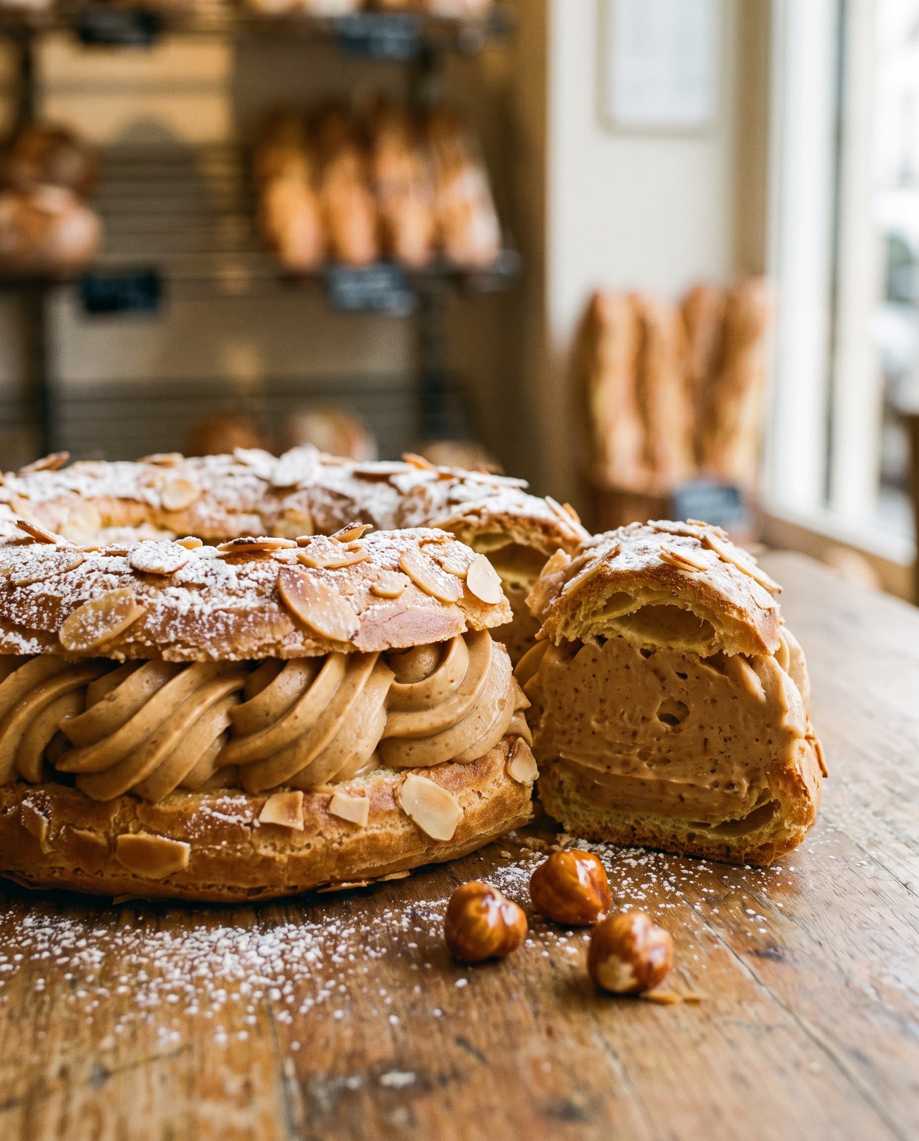Paris-brest aux amandes effilées, crème pralinée, une part coupée