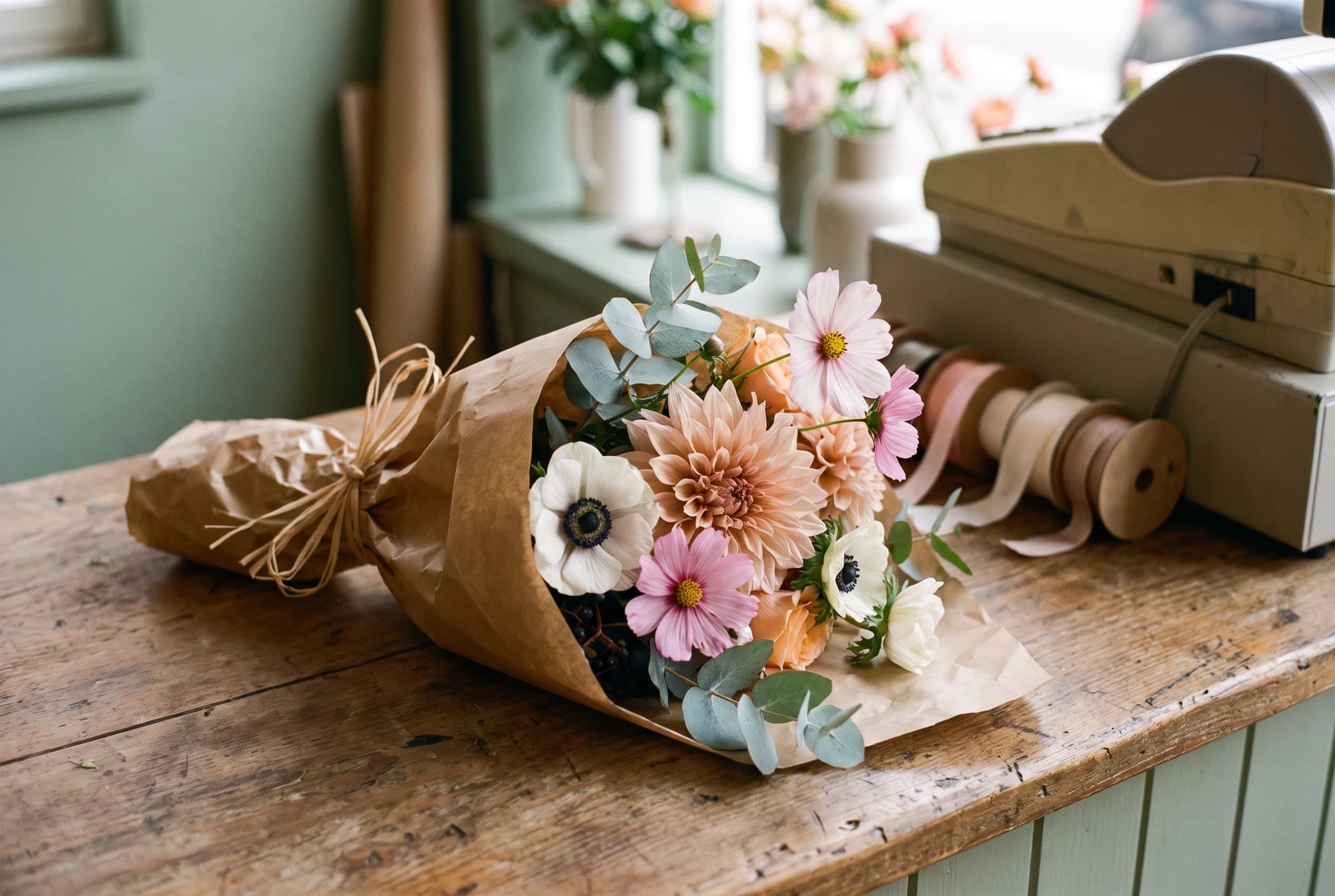 Un petit bouquet noué dans le kraft, posé sur le comptoir