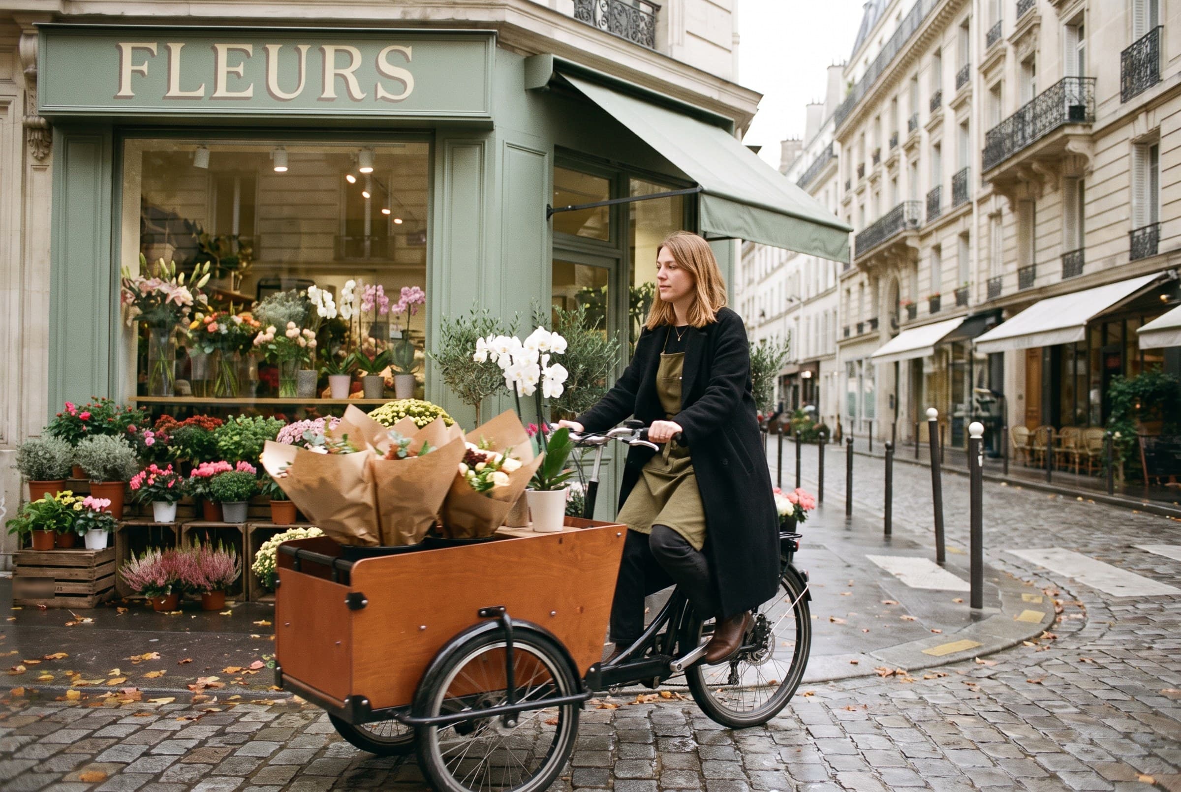 Inès sur le vélo cargo de la boutique, chargé de bouquets