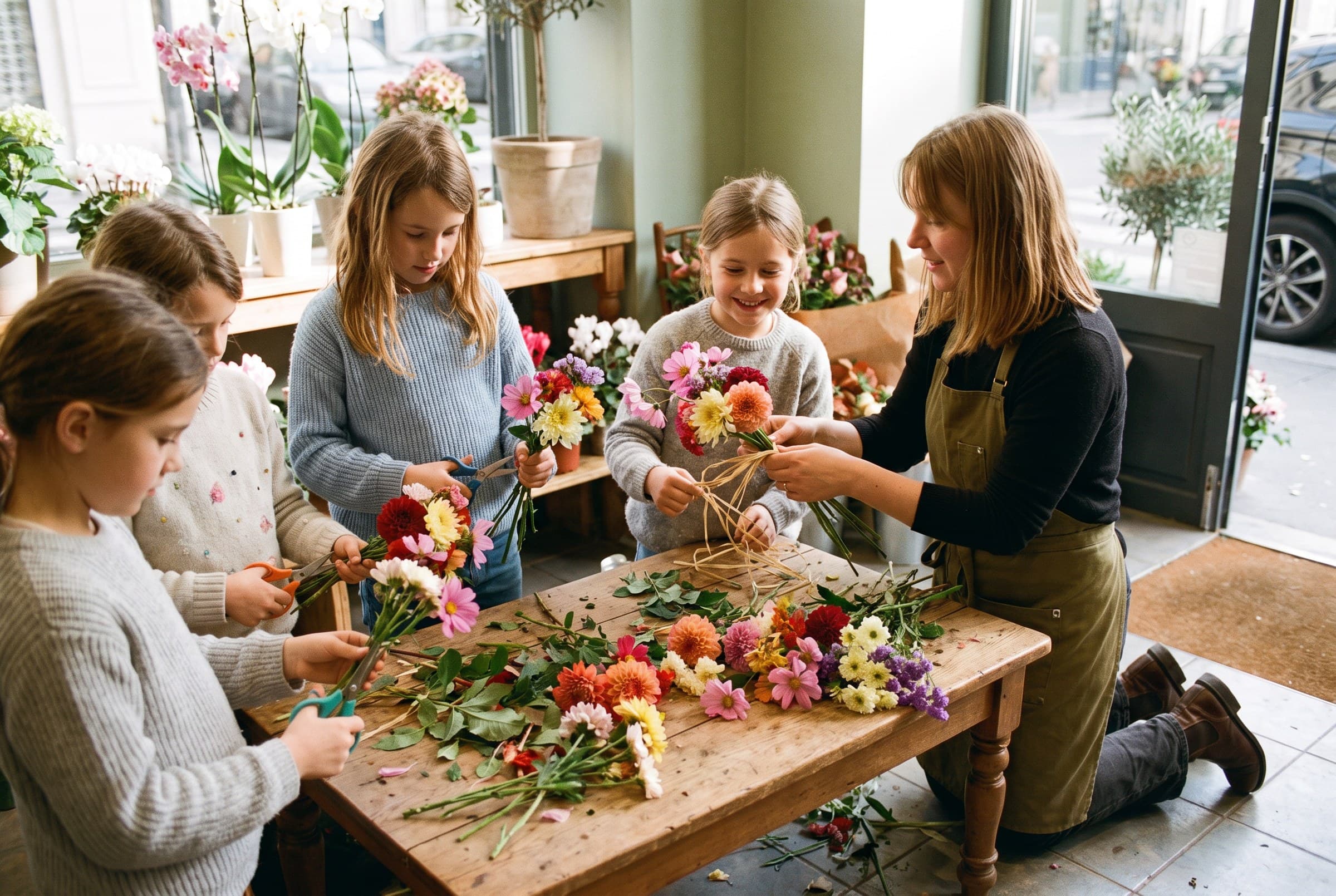 Un atelier pour enfants : chacun compose son petit bouquet